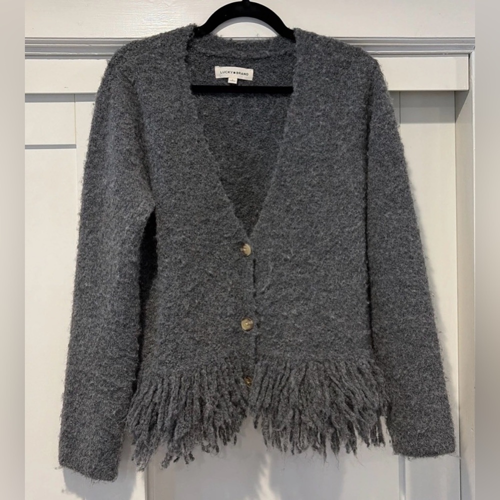 Lucky Brand Gray Fringe button down V-neck Cardigan women’s Large